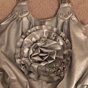 Silver Faux Leather Satchel w/Studded Flower
